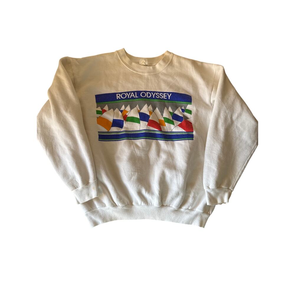 Vintage Royal Odyssey Rudman Sportswear USA Made L/XL White Crewneck Sweatshirt